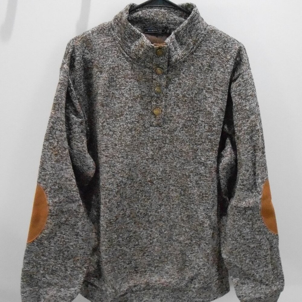 Men's Brown & Gray Fleece Lined Pullover Sweater Faux Leather Elbow Patches XL